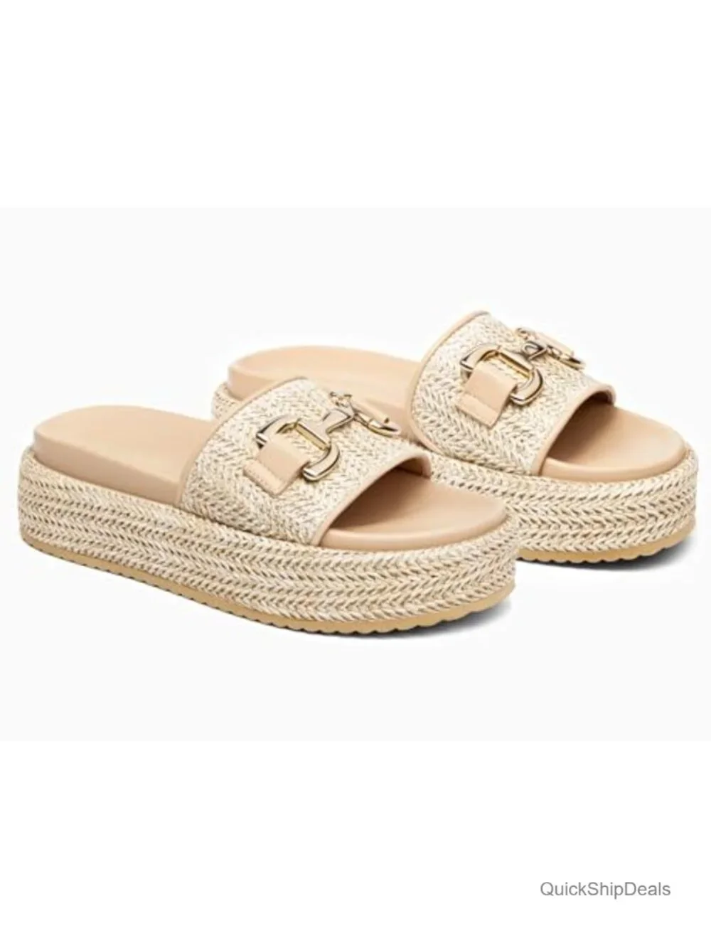 Raffia Platform Sandals with Metal Chain - Espadrilles Slide Sandals